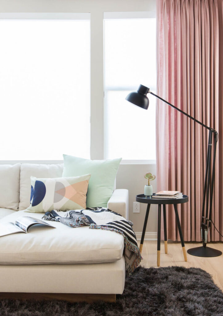 Beautiful blush pink custom drapery by Decorview